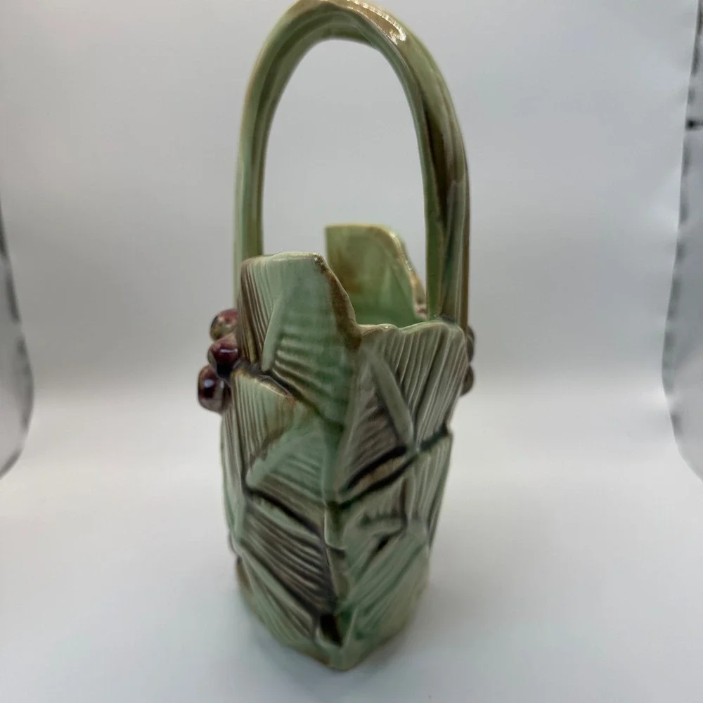 Vintage McCoy Pottery Leaf and Berry Basket Planter Green Brown Glossy USA